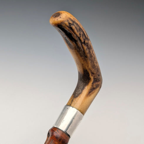 1901年 英国アンティーク バンブーシャフト L字アントラーハンドル 純銀装飾 ステッキ 杖 81cm